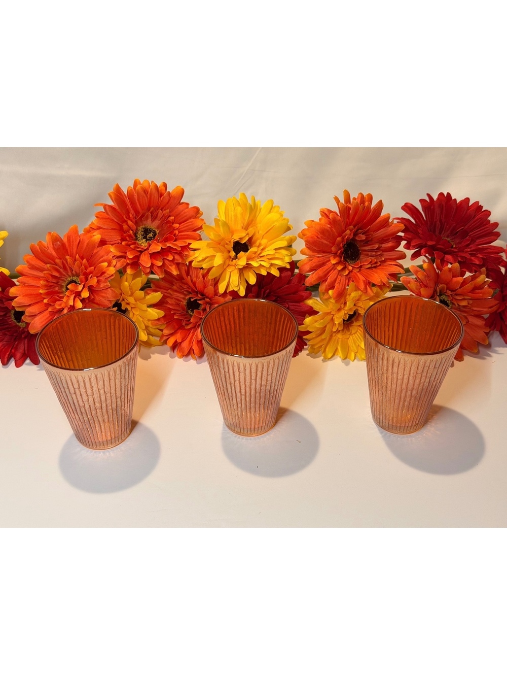 Set of Three Marigold Carnival Glass Tumblers Ribbed Iridescent